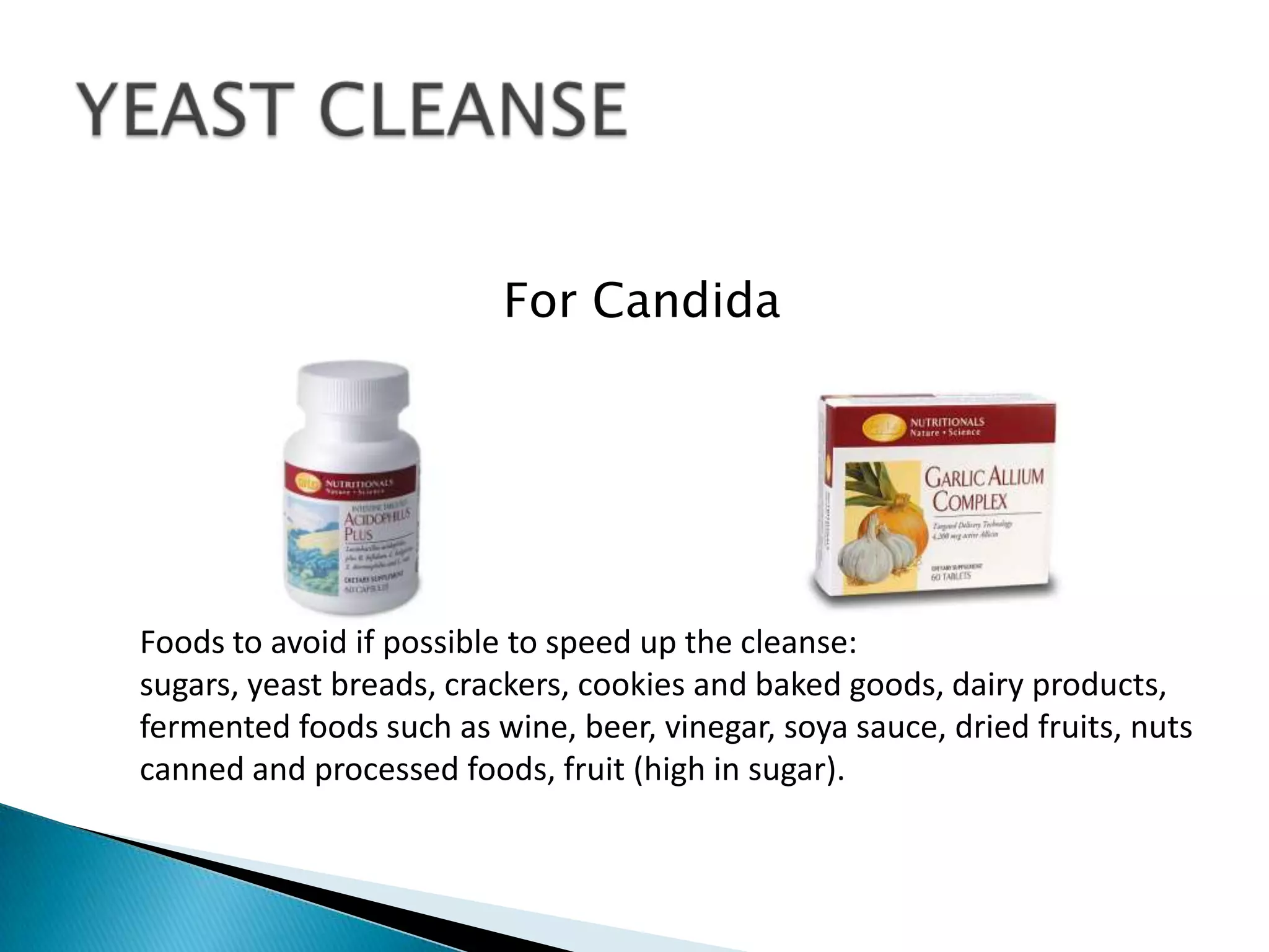 For Candida




Foods to avoid if possible to speed up the cleanse:
sugars, yeast breads, crackers, cookies and baked goods, dairy products,
fermented foods such as wine, beer, vinegar, soya sauce, dried fruits, nuts
canned and processed foods, fruit (high in sugar).
 