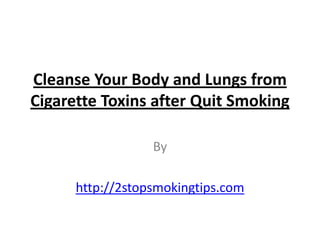Cleanse Your Body and Lungs from
Cigarette Toxins after Quit Smoking

                  By

      http://2stopsmokingtips.com
 
