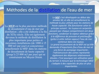 Méthodes de la distillation de l’eau de mer
La MED est la plus ancienne méthode
de dessalement d’eau de mer par
distillation ; elle a été élaborée à la fin
du XIXe siècle. Elle est également
devenue la méthode de distillation la
plus importante pour petites et
moyennes installations (de 1000 à 15
000 m3 par jour) et concurrence
actuellement la MSF dans les stations
de dessalement de haute capacité
(jusqu’à 25 000 m3 par jour) qui se
construisent au Moyen Orient.
La MSF s'est développée au début des
années 50, et elle est actuellement la
méthode la plus utilisée pour les stations de
haute capacité. Elle fonctionne selon le
principe suivant : les tuyaux en serpentin
passant par chaque compartiment ont deux
fonctions, condenser la vapeur obtenue grâce
à la différence de pression et préchauffer
(grâce à cette même vapeur) l'eau de mer
contenue dans ces tuyaux.
Le grand inconvénient de la MSF est qu'elle
demande d'importants flux d'eau de mer et
une force de pompage importante ;
l'infrastructure des usines représente
également des dépenses relativement
élevées. C'est pourquoi son utilisation perd
du terrain à mesure que la technologie MED
s'adapte à des capacités de plus en plus
importantes.
 