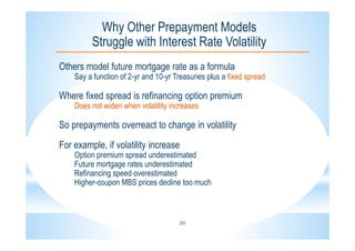 20
Why Other Prepayment Models
Struggle with Interest Rate Volatility
Others model future mortgage rate as a formula
Say a function of 2-yr and 10-yr Treasuries plus a fixed spread
Where fixed spread is refinancing option premium
Does not widen when volatility increases
So prepayments overreact to change in volatility
For example, if volatility increase
Option premium spread underestimated
Future mortgage rates underestimated
Refinancing speed overestimated
Higher-coupon MBS prices decline too much
 