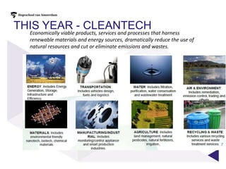 This year - CLEANTECH Economically viable products, services and processes that harness renewable materials and energy sources, dramatically reduce the use of natural resources and cut or eliminate emissions and wastes. 
