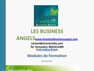 LES BUSINESS ANGELS
    www.cleantechbusinessangels.com
      contact@cleantechba.com
      Tel. formation: 0643512309
       Introduction
    Modules de Formation
               Décembre 2012




1
 