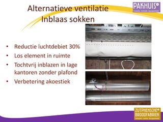 Alternatieve ventilatie Inblaas sokken 
•Reductie luchtdebiet 30% 
•Los element in ruimte 
•Tochtvrij inblazen in lage kantoren zonder plafond 
•Verbetering akoestiek  