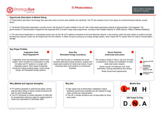 7) Photovoltaics


 Opportunity Description & Market Sizing
 v  Photovoltaics describes a technology that uses solar cells to convert solar radiation into electricity. The PV cell consists of one or two layers of a semiconducting material, usually
 silicon.

 v  The British Photovoltaic Association currently counts 138 industrial PV parks installed in the UK, with a total (peak) generating capacity of approximately 2.28 megawatt. The
 governmental PV Demonstration Programme has supported 80% of small to large scale programmes, counting a total installed capacity of 10MW [Source: Office of National Statistics].

 v  The main area of application in a temperate country such as the UK is PV systems connected to the local electricity network. In the evening, when the solar system is unable to provide
 the electricity required, power can be bought back from the network. In effect, the grid is acting as an energy storage system, which means the PV system does not need to include battery
 storage.




 Key Player Profiles
                    Imagination Solar                                         Solar Ray                                             Barum Solarheat
                   Roof Integrated PV                                Renewable Energy consultancy                                 small-scale solar power
                                                                                                                                                                                   Key:
     Imagination Solar has developed a Hybrid Solar              Solar Ray focuses on residential and small          The company, based in Devon, has over 25 years
                                                                                                                                                                                      Company with SW
     system, which consists of a combination of solar        business alternative energy solutions, ranging from      of experience in design and installation of small-              HQ
        hot water and PV systems in a single roof            single panel systems for canal boat owners, to grid                 scale solar power projects.
                                                                                                                                                                                      Multinational
       integrated system. Other areas of expertise              connected solar roofs systems on commercial               Clients include The National Trust, local                   company with
    include low energy building design, home energy                               buildings.                            authorities, housing associations and various                 significant
                                                                                                                                                                                      presence in SWE
         ratings, and renewable energy systems.
                                                                                                                              British Government departments.                         Leading Company
                                                                                                                                                                                      in Category




 Why (Market and regional strengths)                                        Why Not                                                                                 Market Size

 v  PV systems generate no greenhouse gases, saving
   approximately 325kg of carbon dioxide emissions per
   year for each kilowatt peak
                                                                            v  High capital cost of photovoltaic installations means
                                                                              significant government subsidies are still needed for large
                                                                              scale commercial implementation
                                                                                                                                                           L M H
 v  The DTI introduced a monthly allocation of £500,000                    v  The UK s climate conditions are not favourable for direct
   for householders wishing to apply for capital grants to                    solar power                                                                       SW Ticket To Play
   install micro-generation in December 2006


                                                                                                                                                           D.N.A
Copyright MarketClusters Limited 2007
 