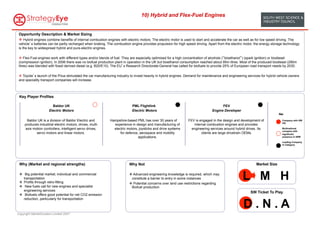 10) Hybrid and Flex-Fuel Engines


 Opportunity Description & Market Sizing
 v  Hybrid engines combine benefits of internal combustion engines with electric motors. The electric motor is used to start and accelerate the car as well as for low speed driving. The
 vehicle s batteries can be partly recharged when braking. The combustion engine provides propulsion for high speed driving. Apart from the electric motor, the energy storage technology
 is the key to widespread hybrid and pure-electric engines.

 v  Flex-Fuel engines work with different types and/or blends of fuel. They are especially optimised for a high concentration of alcohols ( bioethanol ) (spark ignition) or biodiesel
 (compression ignition). In 2006 there was no biofuel production plant in operation in the UK but bioethanol consumption reached about 95m litres. Most of the produced biodiesel (290m
 litres) was blended with fossil derived diesel (e.g. B20/E10). The EU s Research Directorate-General has called for biofuels to provide 25% of European road transport needs by 2030.

 v  Toyota s launch of the Prius stimulated the car manufacturing industry to invest heavily in hybrid engines. Demand for maintenance and engineering services for hybrid vehicle owners
 and speciality transport companies will increase.



 Key Player Profiles

                        Baldor UK                                            PML Flightlink                                              FEV
                      Electric Motors                                        Electric Motors                                       Engine Developer
                                                                                                                                                                                Key:


      Baldor UK is a division of Baldor Electric and          Hampshire-based PML has over 30 years of             FEV is engaged in the design and development of                Company with SW
                                                                                                                                                                                  HQ
     produces industrial electric motors, drives, multi-        experience in design and manufacturing of             internal combustion engines and provides
     axis motion controllers, intelligent servo drives,         electric motors, joysticks and drive systems         engineering services around hybrid drives. Its               Multinational
                                                                                                                                                                                  company with
            servo motors and linear motors.                         for defence, aerospace and mobility                    clients are large drivetrain OEMs.                     significant
                                                                                applications.                                                                                     presence in SWE

                                                                                                                                                                                  Leading Company
                                                                                                                                                                                  in Category




 Why (Market and regional strengths)                                       Why Not                                                                              Market Size

 v  Big potential market; individual and commercial
     transportation
 v  Profits through retro-fitting
                                                                           v  Advanced engineering knowledge is required, which may
                                                                             constitute a barrier to entry in some instances
                                                                           v  Potential concerns over land use restrictions regarding
                                                                                                                                                       L M H
 v  New fuels call for new engines and specialist                           Biofuel production
     engineering services
                                                                                                                                                             SW Ticket To Play
 v  Biofuels offers good potential for net CO2 emission


                                                                                                                                                        D.N.A
     reduction, particularly for transportation



Copyright MarketClusters Limited 2007
 
