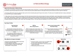 2) Tidal and Wave Energy


 Opportunity Description & Market Sizing
 v  Tidal power is the extraction of energy from the of the rising and falling motion of sea levels. It is not easy to capture tidal power efficiently, but Britain has very strong potential as it is
 surrounded by sea with strong tidal and current flows. In the SW, there are several suitable locations for tidal power off the top South West tip and off the coast from Weymouth.

 v  According to MCT, 20% of the UK s electricity needs could be met by harnessing tidal power through marine turbines. The total amount of available tidal electric energy is estimated to
 be a vast 22TWh [Source: National Statistics].

 v  Wave power is the use of waves to produce energy. One of the most famous devices which produces energy from waves is the Pelamis, used in demonstration wave farms in Scotland
 and Portugal. These projects in Scotland and in Portugal are pilot projects of interest to ascertain opportunities around the South West Coast. Scottish Wavegen is currently building a
 small, commercial wave energy plant in Spain. Another project is to be installed 10 miles off Hayle. It will provide the world's biggest testing ground for wave power devices (Wave-Hub).
 Companies taking part are Oceanlinx (AUS), Ocean Power Technologies (US/UK), Fred Olsen (NOR) and WestWave (E.On and Ocean Prospect).



 Key Player Profiles

                      Tidal Generation                                             ORECon                                          Marine Current Turbines (MCT)
                       Tidal Turbines                                        Wave energy Systems                                        Renewable Energy
                                                                                                                                                                                          Key:


        Tidal Generation develops tidal turbines to              ORECon develops wave energy devices. The                 The company develops technology for exploiting                     Company with SW
                                                                                                                                                                                             HQ
    generate electricity from tidal flows. Each machine        company’s development program includes: small-                       flowing water and tidal streams.
                                                                                                                                                                                             Multinational
      can produce sufficient electricity to power 650           scale tank testing at the University of Plymouth          MCT partners and corporate shareholders include                    company with
                              homes.                           and large-scale testing at two of Europe's largest          Bendalls Engineering, EDF Energy, Guernsey                        significant
                                                                                                                                                                                             presence in SWE
        The company will install the turbines at the                        facilities Brest & Nantes.                    Electricity, Seacore, Tridios Bank and BankInvest.
          European Energy Centre in Orkney and                                                                                                                                               Leading Company
                                                                                                                                                                                             in Category
     anticipates that it will start to contribute to the UK
                   energy needs by 2010.


 Why (Market and regional strengths)                                           Why Not                                                                                    Market Size

 v  Numerous South-West sites suitable for tidal power
 v  Already supported by SWRDA
 v  UK has expertise in these types of power plants
                                                                               v  Expensive projects, costs too high to be profitable within
                                                                                 the next 5 years (especially for wave systems)
                                                                               v  Environmental impact concerns, such as e.g. possible
                                                                                                                                                                 L M H
 v  Support through the Wave and Tidal Energy                                   conflicts with fisheries
   Demonstration funding scheme                                                v  Weak power grid around the coast                                                   SW Ticket To Play


                                                                                                                                                                 D.N.A
Copyright MarketClusters Limited 2007
 