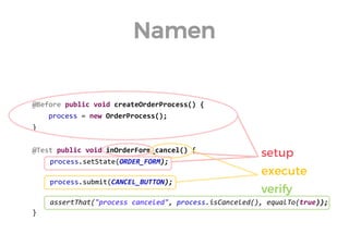 @Before public void createOrderProcess() { 
process = new OrderProcess(); 
} 
@Test public void inOrderForm_cancel() { 
process.setState(ORDER_FORM); 
process.submit(CANCEL_BUTTON); 
assertThat("process canceled", process.isCanceled(), equalTo(true)); 
} 
Namen 
setup 
execute 
verify  