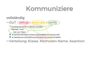 Kommuniziere 
vollständig 
OuT + setup + execute + verify 
Verteilung: Klasse, Methoden-Name, Assertion  