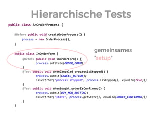 Hierarchische Tests 
public class AnOrderProcess { 
@Before public void createOrderProcess() { 
process = new OrderProcess(); 
} 
public class InOrderForm { 
@Before public void inOrderForm() { 
process.setState(ORDER_FORM); 
} 
@Test public void whenCanceled_processIsStopped() { 
process.submit(CANCEL_BUTTON); 
assertThat("process stopped", process.isStopped(), equalTo(true)); 
} 
@Test public void whenBought_orderIsConfirmed() { 
process.submit(BUY_NOW_BUTTON); 
assertThat("state", process.getState(), equalTo(ORDER_CONFIRMED)); 
} 
} 
… 
gemeinsames 
“setup”  