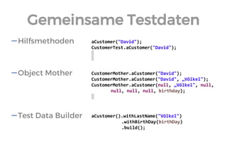 Hilfsmethoden 
Object Mother 
Test Data Builder 
aCustomer("David"); 
CustomerTest.aCustomer("David"); 
CustomerMother.aCustomer("David"); 
CustomerMother.aCustomer("David", „Völkel"); 
CustomerMother.aCustomer(null, „Völkel", null, null, null, null, birthday); 
aCustomer().withLastName("Völkel") 
.withBirthDay(birthDay) 
.build(); 
Gemeinsame Testdaten  