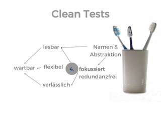 Clean Tests 
wartbar 
fokussiert 
redundanzfrei 
lesbar 
flexibel 
verlässlich 
4. 
Namen & 
Abstraktion  