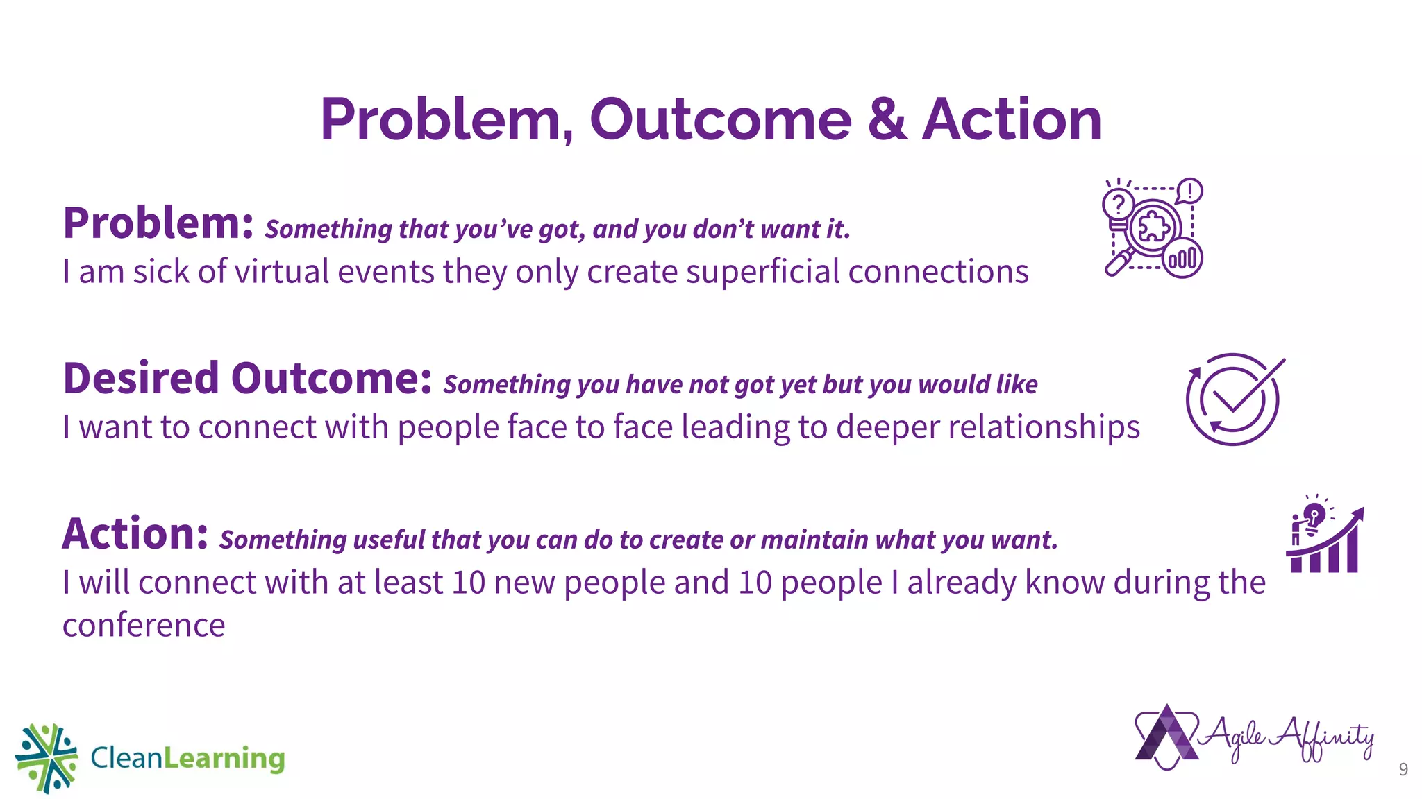 Problem, Outcome & Action
Problem: Something that youʼve got, and you donʼt want it.
I am sick of virtual events they only create superficial connections
Desired Outcome: Something you have not got yet but you would like
I want to connect with people face to face leading to deeper relationships
Action: Something useful that you can do to create or maintain what you want.
I will connect with at least 10 new people and 10 people I already know during the
conference
9
 