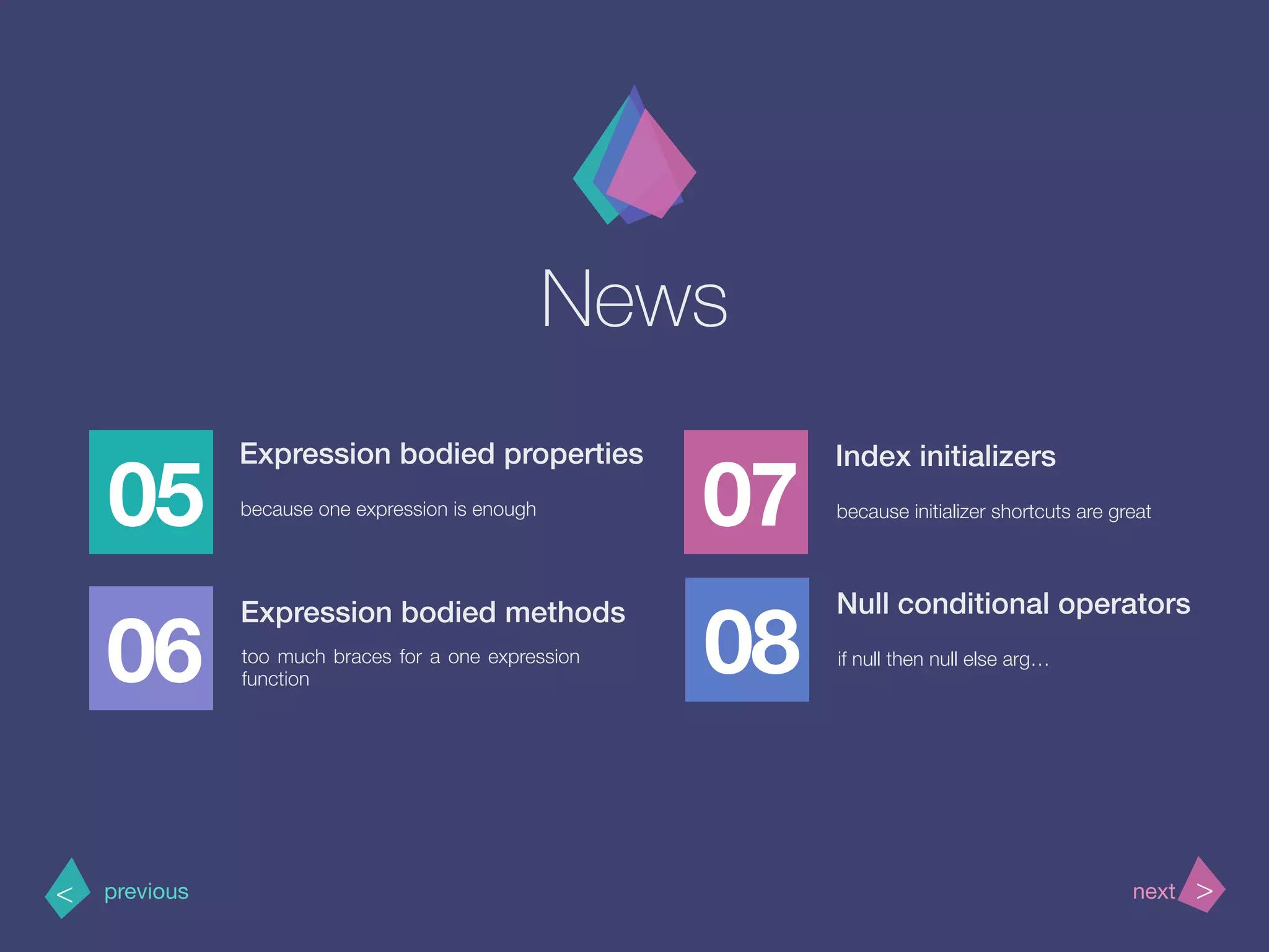 News
05
Expression bodied properties
because one expression is enough
06
07
08
>< nextprevious
Expression bodied methods
too much braces for a one expression
function
Index initializers
because initializer shortcuts are great
Null conditional operators
if null then null else arg…
 
