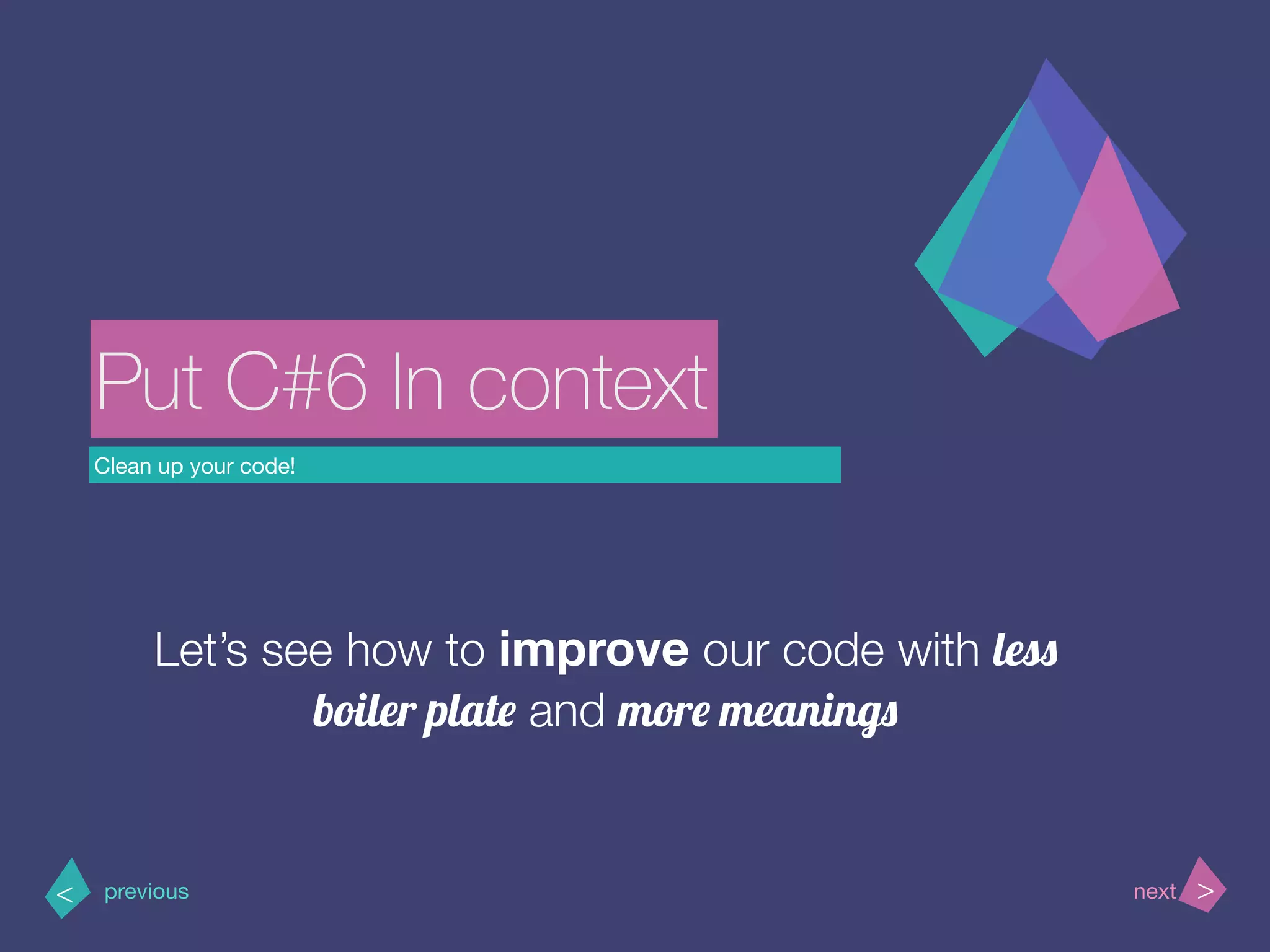 Clean up your code!
>< nextprevious
Put C#6 In context
Let’s see how to improve our code with less
boiler plate and more meanings
 