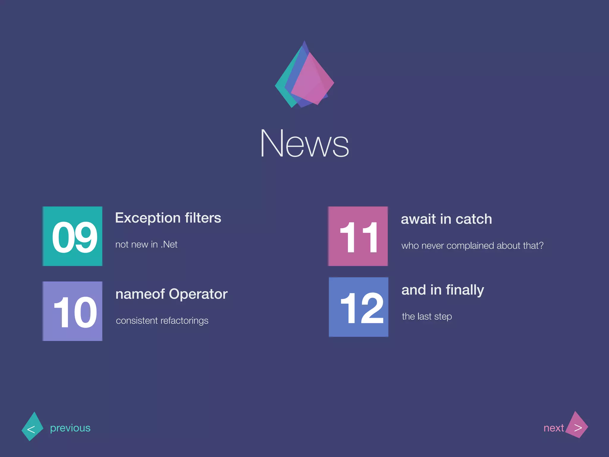 News
09
Exception ﬁlters
not new in .Net
10
11
12
>< nextprevious
nameof Operator
consistent refactorings
await in catch
who never complained about that?
and in ﬁnally
the last step
 