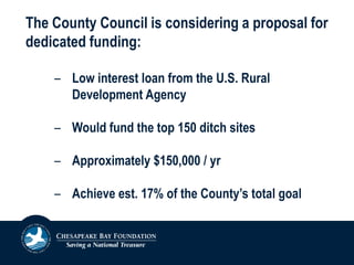 The County Council is considering a proposal for
dedicated funding:
– Low interest loan from the U.S. Rural
Development Agency
– Would fund the top 150 ditch sites
– Approximately $150,000 / yr
– Achieve est. 17% of the County’s total goal
 