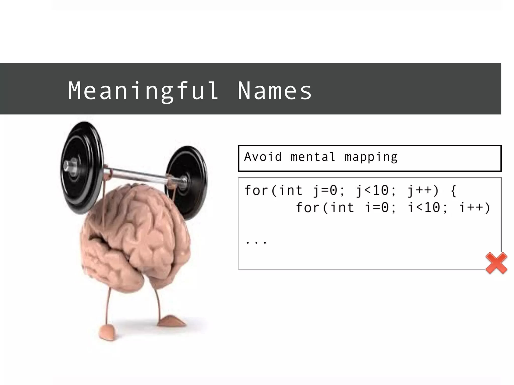 Meaningful Names 
Avoid mental mapping 
 