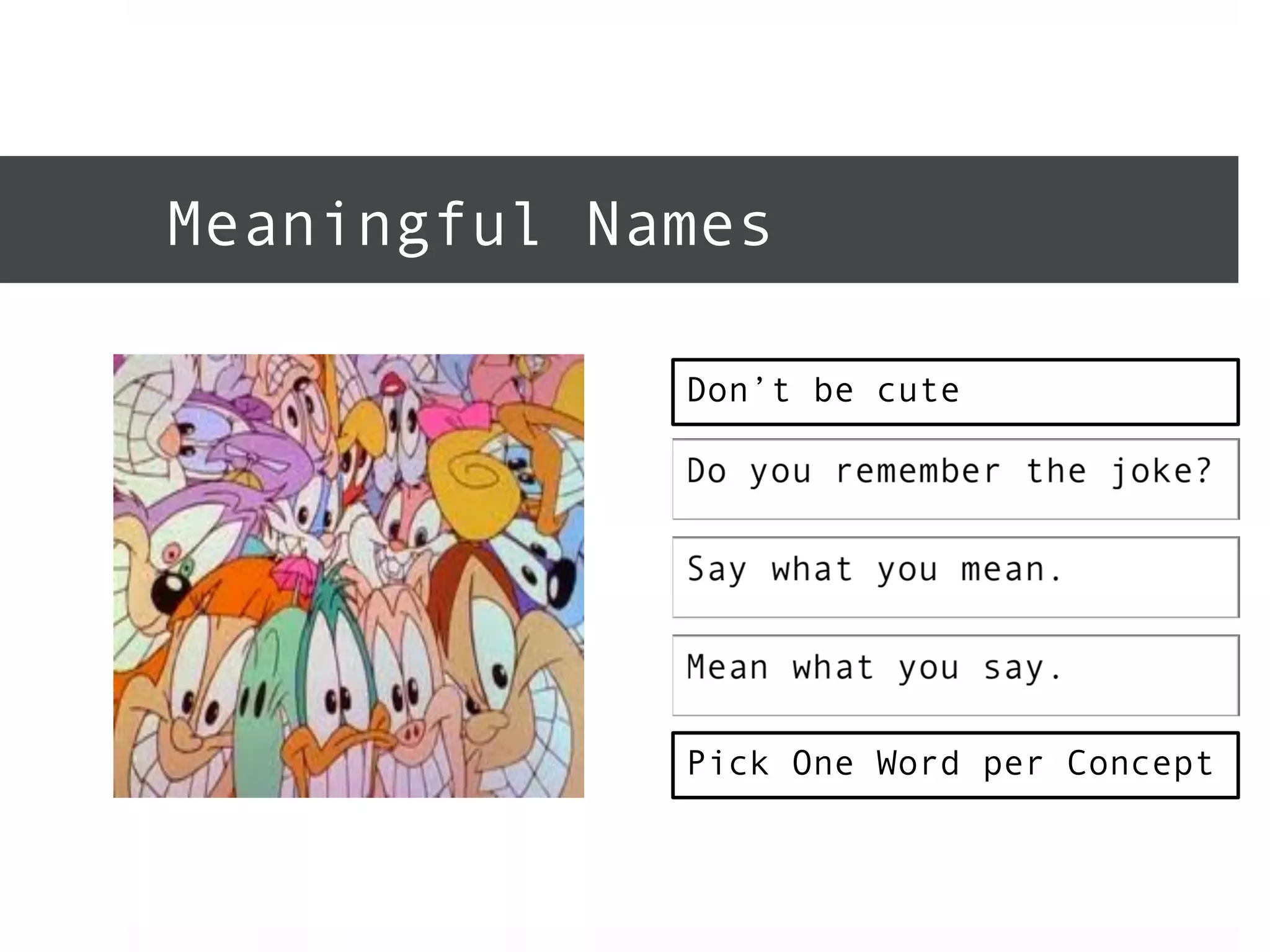Meaningful Names 
Don’t be cute 
Pick One Word per Concept 
 