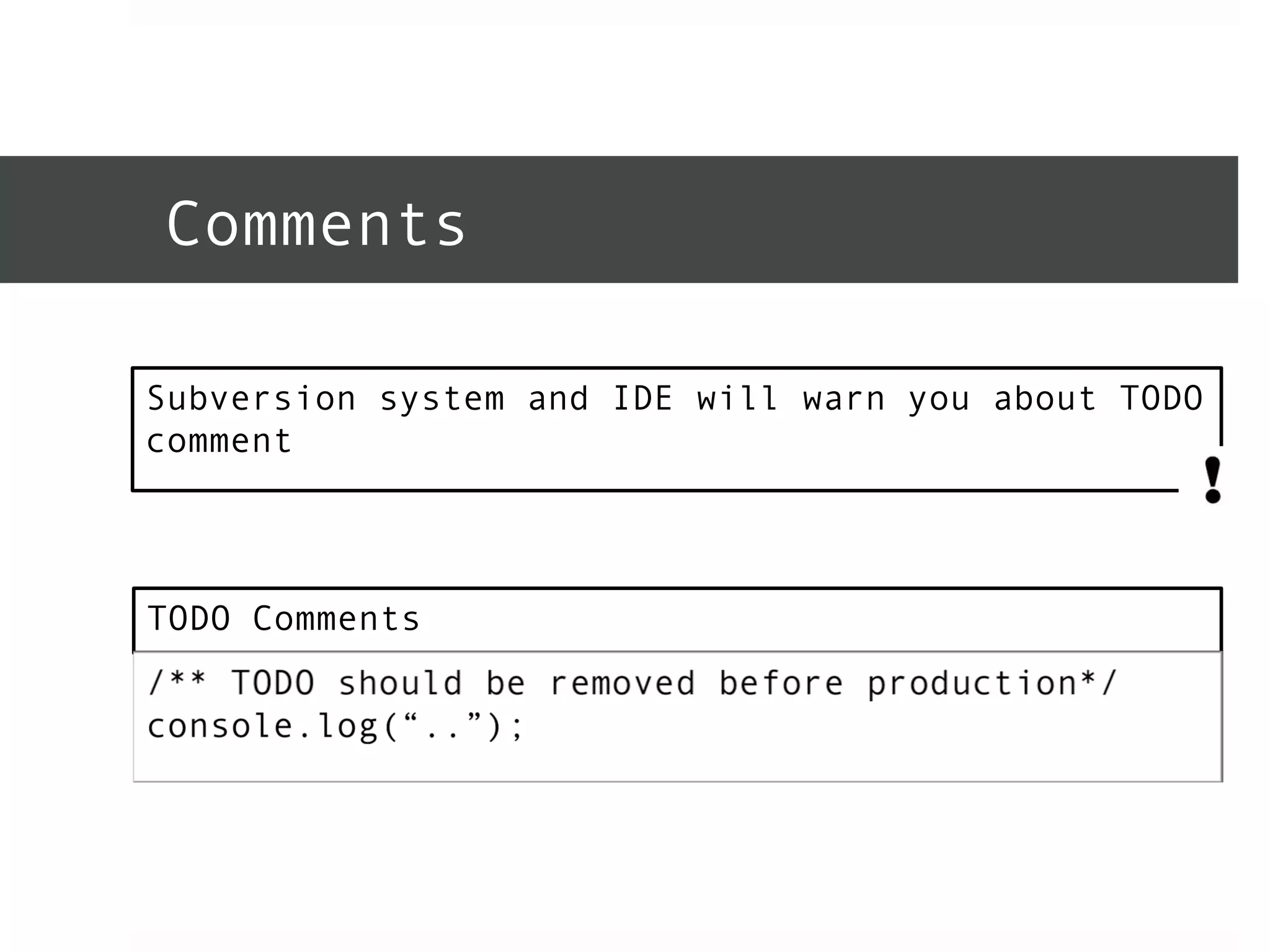 Comments 
Subversion system and IDE will warn you about TODO 
comment 
TODO Comments 
 