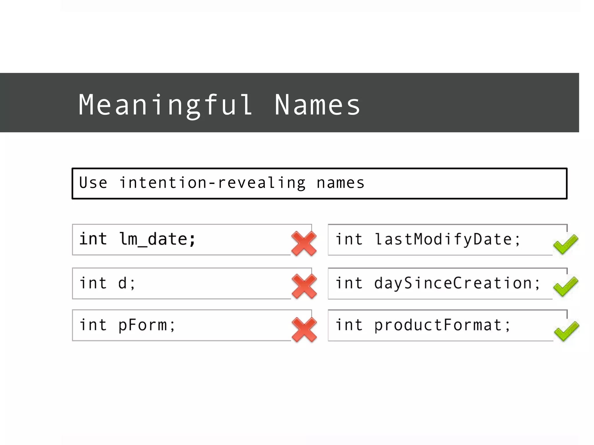 Meaningful Names 
Use intention-revealing names 
 