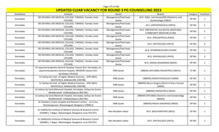 Page 175 of 465
StateName Institute Quota Branch Category TotalSeats
UPDATED CLEAR VACANCY FOR ROUND 3 PG COUNSELLING 2023
Karnataka
SRI DEVARAJ URS MEDICAL COLLEGE, TAMAKA, Tamaka, Kolar
(701349)
Management/Paid Seats
Quota
M.D. (Obst. and Gynae)/MS (Obstetrics and
Gynaecology) (OBGY)
OP NO 1
Karnataka
SRI DEVARAJ URS MEDICAL COLLEGE, TAMAKA, Tamaka, Kolar
(701349)
Management/Paid Seats
Quota
M.S. (ORTHOPAEDICS) (ORTH) OP NO 2
Karnataka
SRI DEVARAJ URS MEDICAL COLLEGE, TAMAKA, Tamaka, Kolar
(701349)
Management/Paid Seats
Quota
M.D. (PREVENTIVE and SOCIAL MEDICINE)/
COMMUNITY MEDICINE (P-SM)
OP NO 5
Karnataka
SRI DEVARAJ URS MEDICAL COLLEGE, TAMAKA, Tamaka, Kolar
(701349)
Management/Paid Seats
Quota
M.D. (PAEDIATRICS) (PAED) OP NO 1
Karnataka
SRI DEVARAJ URS MEDICAL COLLEGE, TAMAKA, Tamaka, Kolar
(701349)
Management/Paid Seats
Quota
M.D. (PATHOLOGY) (PATH) OP NO 6
Karnataka
SRI DEVARAJ URS MEDICAL COLLEGE, TAMAKA, Tamaka, Kolar
(701349)
Management/Paid Seats
Quota
M.D. (PHARMACOLOGY) (PHAR) OP NO 2
Karnataka
SRI DEVARAJ URS MEDICAL COLLEGE, TAMAKA, Tamaka, Kolar
(701349)
Management/Paid Seats
Quota
M.D. (PHYSIOLOGY) (PHYS) OP NO 3
Karnataka
SRI DEVARAJ URS MEDICAL COLLEGE, TAMAKA, Tamaka, Kolar
(701349)
Management/Paid Seats
Quota
M.D. (RADIO-DIAGNOSIS) (RADD) OP NO 1
Karnataka
Sri Jayachamarajendra General Hospital, Hassan.Dist. Karnataka, Sri
Jayachamarajendra General Hospital, ARSIKERE,Hassan.Dist.
Karnataka (701653)
DNB Quota (NBEMS-DIPLOMA) PAEDIATRICS (NDCH) ST NO 1
Karnataka
Sri Sathya Sai Instt. of Higher Medical Sciences, , EPIP AREA,
WHITEFIELD, BANGALORE (700798)
DNB Quota (NBEMS) ANAESTHESIOLOGY (DANS) OP NO 1
Karnataka
Sri Sathya Sai Instt. of Higher Medical Sciences, , EPIP AREA,
WHITEFIELD, BANGALORE (700798)
DNB Quota
(NBEMS) Neuro Surgery (Direct 6 Years Course)
(DNRS)
OP NO 1
Karnataka
Sri Sathya Sai Sarla Memorial Hospital, Karnataka, Sathya Sai Grama
Muddenahalli Chikkaballapura (901781)
DNB Quota (NBEMS) PAEDIATRICS (DPED) OP NO 1
Karnataka
Sri Sathya Sai Sarla Memorial Hospital, Karnataka, Sathya Sai Grama
Muddenahalli Chikkaballapura (901781)
DNB Quota
(NBEMS-DIPLOMA) Obstetrics and Gynaecology
(NDGO)
OP NO 1
Karnataka
Sri Shankara Cancer Hospital and Research centre, , 1st Cross,
Shankarapuram, Basavanagudi, Bengaluru (700812)
DNB Quota (NBEMS) RADIO-DIAGNOSIS (DRAD) OP NO 1
Karnataka
Sri Siddhartha Institute of Medical Sciences & Research Centre
(SSIMRC), T Begur, Nelamangala, Bangalore rural (701707)
Non-Resident Indian M.D. (BIOCHEMISTRY) (BIOC) OP NO 1
Karnataka
Sri Siddhartha Institute of Medical Sciences & Research Centre
(SSIMRC), T Begur, Nelamangala, Bangalore rural (701707)
Non-Resident Indian M.D. (PATHOLOGY) (PATH) OP NO 1
 