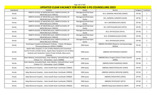 Page 182 of 465
StateName Institute Quota Branch Category TotalSeats
UPDATED CLEAR VACANCY FOR ROUND 3 PG COUNSELLING 2023
Kerala
AMRITA SCHOOL OF MEDICINE,Kochi, AMRITA SCHOOL OF
MEDICINE,Kochi (700433)
Management/Paid Seats
Quota
M.D. (GENERAL MEDICINE) (GMED) OP NO 1
Kerala
AMRITA SCHOOL OF MEDICINE,Kochi, AMRITA SCHOOL OF
MEDICINE,Kochi (700433)
Management/Paid Seats
Quota
M.S. (GENERAL SURGERY) (GSUR) OP NO 1
Kerala
AMRITA SCHOOL OF MEDICINE,Kochi, AMRITA SCHOOL OF
MEDICINE,Kochi (700433)
Management/Paid Seats
Quota
M.D. (MICROBIOLOGY) (MICR) OP NO 1
Kerala
AMRITA SCHOOL OF MEDICINE,Kochi, AMRITA SCHOOL OF
MEDICINE,Kochi (700433)
Management/Paid Seats
Quota
M.S. (OPHTHALMOLOGY) (OPTH) OP NO 2
Kerala
AMRITA SCHOOL OF MEDICINE,Kochi, AMRITA SCHOOL OF
MEDICINE,Kochi (700433)
Management/Paid Seats
Quota
M.D. (PATHOLOGY) (PATH) OP NO 3
Kerala
AMRITA SCHOOL OF MEDICINE,Kochi, AMRITA SCHOOL OF
MEDICINE,Kochi (700433)
Management/Paid Seats
Quota
M.D. (PHARMACOLOGY) (PHAR) OP NO 2
Kerala
AMRITA SCHOOL OF MEDICINE,Kochi, AMRITA SCHOOL OF
MEDICINE,Kochi (700433)
Management/Paid Seats
Quota
M.D. (PHYSIOLOGY) (PHYS) OP NO 2
Kerala
Ananthapuri Hospital and Research Institute, , Chacka, NH Bypass,
Thiruvananthapuram 695024 (700880)
DNB Quota
(NBEMS-DIPLOMA) Obstetrics and Gynaecology
(NDGO)
OP NO 1
Kerala
Apollo Adlux Hospital ( A Unit of Adlux Medicity and Convention
Centre Private Limited), Kerala , Apollo Adlux Hospital (A Unit of Adlux
medicity and Convention Centre Private limited), Adlux juncti
(701676)
DNB Quota (NBEMS) ORTHOPAEDICS (NDORT) OP NO 1
Kerala
Aster Medcity, Kuttisahib Road,, Aster Medcity Kuttisahib Road South
Chittoor P.O. Cheranalloor Kochi (700888)
DNB Quota
(NBEMS) Neuro Surgery (Direct 6 Years Course)
(DNRS)
OP NO 1
Kerala
Aster Medcity, Kuttisahib Road,, Aster Medcity Kuttisahib Road South
Chittoor P.O. Cheranalloor Kochi (700888)
DNB Quota (NBEMS) RADIO-DIAGNOSIS (DRAD) OP NO 1
Kerala Baby Memorial Hospital, , Indira Gandhi Road Kozhikode (700850) DNB Quota (NBEMS) ANAESTHESIOLOGY (DANS) OP NO 1
Kerala Baby Memorial Hospital, , Indira Gandhi Road Kozhikode (700850) DNB Quota (NBEMS) GENERAL MEDICINE (DMED) OP NO 1
Kerala Baby Memorial Hospital, , Indira Gandhi Road Kozhikode (700850) DNB Quota (NBEMS) PAEDIATRICS (DPED) OP NO 1
Kerala Baby Memorial Hospital, , Indira Gandhi Road Kozhikode (700850) DNB Quota (NBEMS) PATHOLOGY (DPTH) OP NO 1
Kerala Baby Memorial Hospital, , Indira Gandhi Road Kozhikode (700850) DNB Quota (NBEMS) Respiratory Medicine (DREP) OP NO 1
 