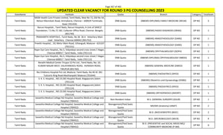 Page 367 of 465
StateName Institute Quota Branch Category TotalSeats
UPDATED CLEAR VACANCY FOR ROUND 3 PG COUNSELLING 2023
Tamil Nadu
MGM Health Care Private Limited, Tamil Nadu, New No 72, Old No 54,
Nelson Manickam Road, Aminjikarai, Chennai – 600029 Tamilnadu
State (701459)
DNB Quota (NBEMS-DIPLOMA) FAMILY MEDICINE (NFLM) OP NO 3
Tamil Nadu
Naruvi Hospitals , Tamil Nadu, Naruvi Hospitals, A Unit of SANCO
Foundation, T.S.No.72 1B2, Collector Office Road, Chennai- Bengalu
(901740)
DNB Quota (NBEMS) RADIO-DIAGNOSIS (DRAD) OP NO 1
Tamil Nadu
PRASHANTH HOSPITALS , Tamil Nadu, No 36 36 A Velachery Main
road Velachery Chennai 600042 (901752)
DNB Quota (NBEMS) ANAESTHESIOLOGY (DANS) OP NO 1
Tamil Nadu
Preethi Hospital, , 50, Melur Main Road, Uthangudi, Madurai - 625107
(701151)
DNB Quota (NBEMS) ANAESTHESIOLOGY (DANS) OP NO 1
Tamil Nadu
Rajan Eye Care Hospital,, No.5, Vidyodaya second cross street,T.Nagar,
Chennai-600017 Tamil Nadu, India (701112)
DNB Quota (NBEMS) OPHTHALMOLOGY (DOPH) OP NO 1
Tamil Nadu
Rajan Eye Care Hospital,, No.5, Vidyodaya second cross street,T.Nagar,
Chennai-600017 Tamil Nadu, India (701112)
DNB Quota (NBEMS-DIPLOMA) OPHTHALMOLOGY (NBDO) OP NO 1
Tamil Nadu
Revathi Medical Center Tirupur (I) Pvt Ltd , Tamil Nadu, No: 10,
KUMAR NAGAR WEST, VALAYANKADU ROAD, AVINASHI ROAD,
TIRUPUR (901760)
DNB Quota (NBEMS) GENERAL MEDICINE (DMED) OP NO 1
Tamil Nadu
Rio Childrens Hospital Pvt Ltd, Madurai, Tamil Nadu, No 40 4C 2B1
Tuticorin Ring Road Masthanpatti Madurai (701644)
DNB Quota (NBEMS) PAEDIATRICS (DPED) OP NO 1
Tamil Nadu
S. K. S. Hospital, , NO.23,SKS Hospital Road, Alagapuram,Salem
(701114)
DNB Quota (NBEMS) Obstetrics and Gynaecology (DOBG) OP NO 1
Tamil Nadu
S. K. S. Hospital, , NO.23,SKS Hospital Road, Alagapuram,Salem
(701114)
DNB Quota (NBEMS) PAEDIATRICS (DPED) OP NO 1
Tamil Nadu
S. K. S. Hospital, , NO.23,SKS Hospital Road, Alagapuram,Salem
(701114)
DNB Quota (NBEMS) ORTHOPAEDICS (NDORT) OP NO 1
Tamil Nadu
Saveetha Medical College Nd Hospital, Saveetha Medical College and
Hospital (700452)
Non-Resident Indian M.S. (GENERAL SURGERY) (GSUR) OP NO 1
Tamil Nadu
Saveetha Medical College Nd Hospital, Saveetha Medical College and
Hospital (700452)
Management/Paid Seats
Quota
MD/MS (Anatomy) (ANAT) OP NO 2
Tamil Nadu
Saveetha Medical College Nd Hospital, Saveetha Medical College and
Hospital (700452)
Management/Paid Seats
Quota
M.D. (BIOCHEMISTRY) (BIOC) OP NO 2
Tamil Nadu
Saveetha Medical College Nd Hospital, Saveetha Medical College and
Hospital (700452)
Management/Paid Seats
Quota
M.D. (MICROBIOLOGY) (MICR) OP NO 4
Tamil Nadu
Saveetha Medical College Nd Hospital, Saveetha Medical College and
Hospital (700452)
Management/Paid Seats
Quota
M.D. (PREVENTIVE and SOCIAL MEDICINE)/
COMMUNITY MEDICINE (P-SM)
OP NO 6
 