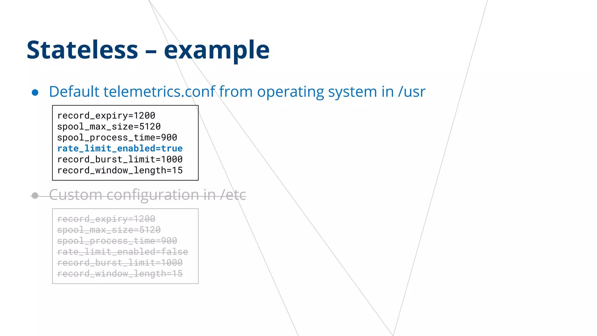 Stateless – example
● Default telemetrics.conf from operating system in /usr
● Custom configuration in /etc
record_expiry=1200
spool_max_size=5120
spool_process_time=900
rate_limit_enabled=true
record_burst_limit=1000
record_window_length=15
record_expiry=1200
spool_max_size=5120
spool_process_time=900
rate_limit_enabled=false
record_burst_limit=1000
record_window_length=15
 