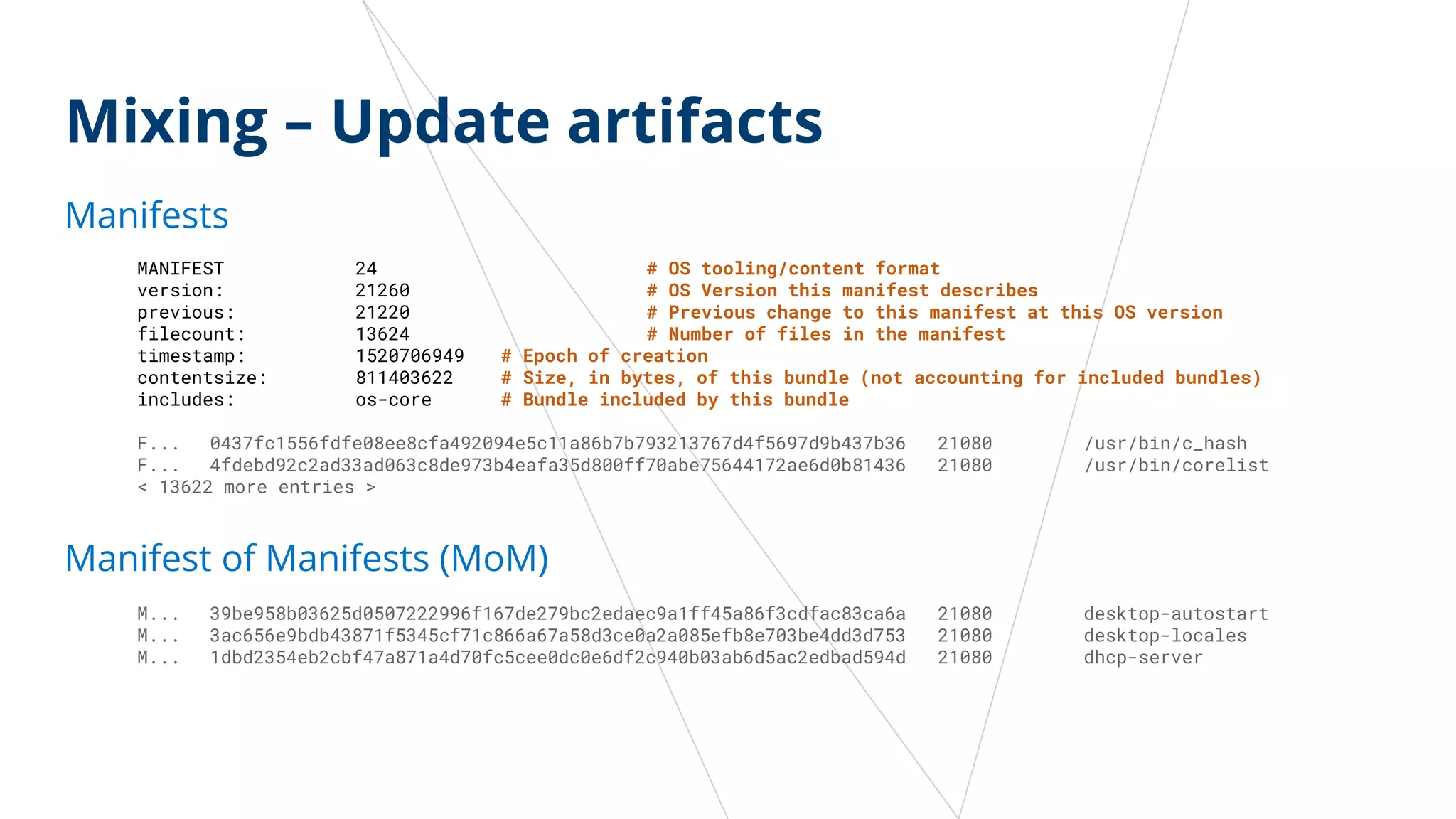 Mixing – Update artifacts
Manifests
MANIFEST 24 # OS tooling/content format
version: 21260 # OS Version this manifest describes
previous: 21220 # Previous change to this manifest at this OS version
filecount: 13624 # Number of files in the manifest
timestamp: 1520706949 # Epoch of creation
contentsize: 811403622 # Size, in bytes, of this bundle (not accounting for included bundles)
includes: os-core # Bundle included by this bundle
F... 0437fc1556fdfe08ee8cfa492094e5c11a86b7b793213767d4f5697d9b437b36 21080 /usr/bin/c_hash
F... 4fdebd92c2ad33ad063c8de973b4eafa35d800ff70abe75644172ae6d0b81436 21080 /usr/bin/corelist
< 13622 more entries >
Manifest of Manifests (MoM)
M... 39be958b03625d0507222996f167de279bc2edaec9a1ff45a86f3cdfac83ca6a 21080 desktop-autostart
M... 3ac656e9bdb43871f5345cf71c866a67a58d3ce0a2a085efb8e703be4dd3d753 21080 desktop-locales
M... 1dbd2354eb2cbf47a871a4d70fc5cee0dc0e6df2c940b03ab6d5ac2edbad594d 21080 dhcp-server
 