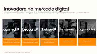 Inovadoranomercadodigital
Oi Ana,
tem uma
oferta
especial
para você
na loja
mais
próxima.
Confira!
*Confirmar disponibilidade das ações na praça selecionada.
Diversas possibilidades de ações que acompanham e interagem em toda jornada do consumidor
 