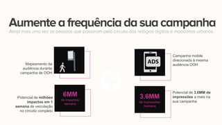 Mapeamento da
audiência durante
campanha de OOH
Potencial de milhões
impactos em 1
semana de veiculação
no circuito completo
Potencial de 3.6MM de
impressões a mais na
sua campanha
3.6MM
de impressões
/semana
6MM
de impactos/
semana
Campanha mobile
direcionada à mesma
audiência OOH
Aumenteafrequênciadasuacampanha
Atinja mais uma vez as pessoas que passaram pelo circuito dos relógios digitais e mobiliários urbanos.
 