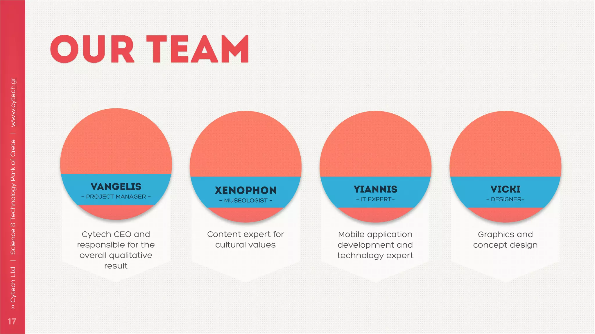 >> Cytech Ltd | Science & Technology Park of Crete | www.cytech.gr

OUR TEAM

!17

VANGELIS  
— PROJECT MANAGER —

Cytech CEO and
responsible for the
overall qualitative
result

YIANNIS  

VICKI  

— MUSEOLOGIST —

— IT EXPERT—

— DESIGNER—

Content expert for
cultural values

Mobile application
development and
technology expert

Graphics and
concept design

XENOPHON  

 