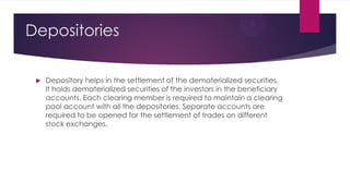 Depositories 
Depository helps in the settlement of the dematerialized securities. It holds dematerialized securities of ...