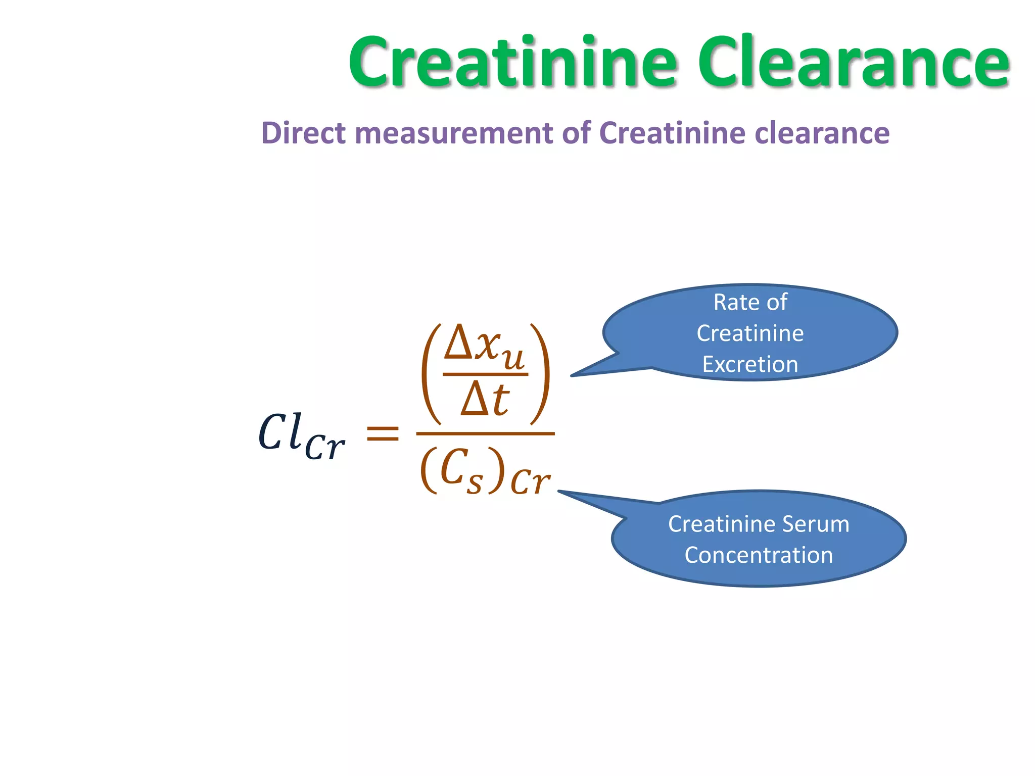 Creatinine Clearance
Direct measurement of Creatinine clearance



                              Rate of
              ∆          Creatinine
                             Excretion
               ∆
   =
             ( )
                           Creatinine Serum
                            Concentration
 