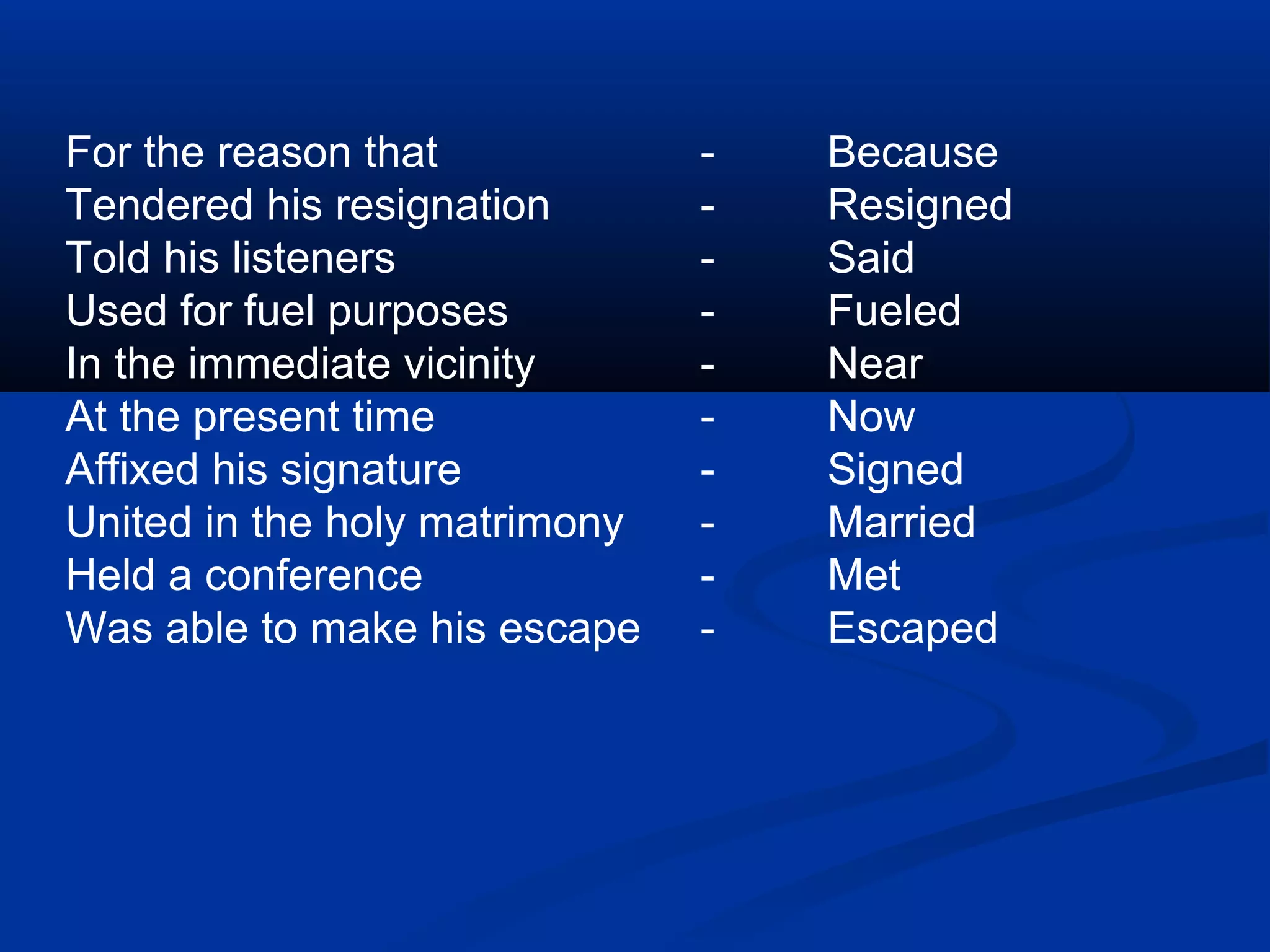 For the reason that - Because
Tendered his resignation - Resigned
Told his listeners - Said
Used for fuel purposes - Fueled
In the immediate vicinity - Near
At the present time - Now
Affixed his signature - Signed
United in the holy matrimony - Married
Held a conference - Met
Was able to make his escape - Escaped
 
