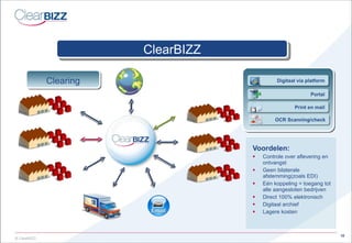 Voordelen: Controle over aflevering en ontvangst Geen bilaterale afstemming(zoals EDI) Eén koppeling = toegang tot alle aangesloten bedrijven Direct 100% elektronisch Digitaal archief  Lagere kosten Clearing ClearBIZZ Digitaal via platform Print en mail Portal OCR Scanning/check 