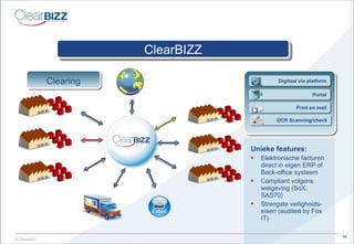 Unieke features: Elektronische facturen direct in eigen ERP of Back-office systeem Compliant volgens  wetgeving (SoX, SAS70) Strengste veiligheids-eisen (audited by Fox IT) Clearing ClearBIZZ Digitaal via platform Print en mail Portal OCR Scanning/check 