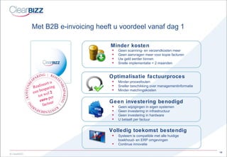 Met B2B  e-invoicing  heeft u voordeel vanaf dag 1 Geen scanning- en verzendkosten meer  Geen aanvragen meer voor kopie facturen Uw geld eerder binnen Snelle implementatie < 2 maanden Minder kosten Geen investering benodigd Geen wijzigingen in eigen systemen Geen investering in infrastructuur Geen investering in hardware U betaalt per factuur Volledig toekomst bestendig Systeem is compatible met alle huidige boekhoud- en ERP omgevingen Continue innovatie Minder procesfouten Sneller beschikking over managementinformatie Minder matchingskosten Optimalisatie factuurproces Realiseert u een besparing tot wel  2 euro  per factuur 