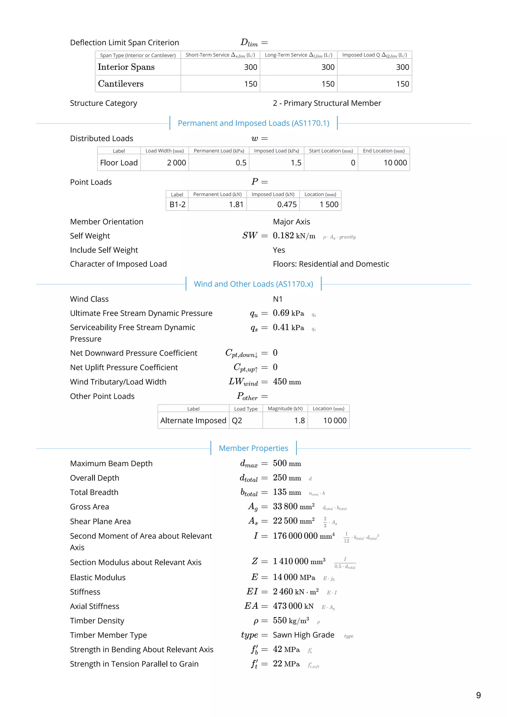 Deflection Limit Span Criterion
Span Type (Interior or Cantilever) Short-Term Service ( ) Long-Term Service ( ) Imposed Load Q ( )
300 300 300
150 150 150
Structure Category
Distributed Loads
Label Load Width ( ) Permanent Load ( ) Imposed Load ( ) Start Location ( ) End Location ( )
Floor Load 2 000 0.5 1.5 0 10 000
Point Loads
Label Permanent Load ( ) Imposed Load ( ) Location ( )
B1-2 1.81 0.475 1 500
Member Orientation
Self Weight  
Include Self Weight
Character of Imposed Load
Wind Class
Ultimate Free Stream Dynamic Pressure  
Serviceability Free Stream Dynamic
Pressure
 
Net Downward Pressure Coefficient  
Net Uplift Pressure Coefficient  
Wind Tributary/Load Width  
Other Point Loads
Label Load Type Magnitude ( ) Location ( )
Alternate Imposed Q2 1.8 10 000
Maximum Beam Depth  
Overall Depth  
Total Breadth  
Gross Area  
Shear Plane Area  
Second Moment of Area about Relevant
Axis
 
Section Modulus about Relevant Axis  
Elastic Modulus  
Stiffness  
Axial Stiffness  
Timber Density  
Timber Member Type Sawn High Grade 
Strength in Bending About Relevant Axis  
Strength in Tension Parallel to Grain  
D ​ =lim
Δ ​
s,lim L/ Δ ​
l,lim L/ Δ ​
Q,lim L/
Interior Spans
Cantilevers
2 - Primary Structural Member
 
w =
mm kPa kPa mm mm
P =
kN kN mm
Major Axis
SW = 0.182 kN/m
Yes
Floors: Residential and Domestic
 
N1
q ​ =u 0.69 kPa
q ​ =s 0.41 kPa
C ​ =pt,down↓ 0
C ​ =pt,up↑ 0
LW ​ =wind 450 mm
P ​ =other
kN mm
 
d ​ =max 500 mm
d ​ =total 250 mm
b ​ =total 135 mm
A =g 33 800 mm2
A ​ =s 22 500 mm2
I = 176 000 000 mm4
Z = 1 410 000 mm3
E = 14 000 MPa
EI = 2 460 kN ⋅ m2
EA = 473 000 kN
ρ = 550 kg/m3
type =
f ​ =b
′
42 MPa
f ​ =t
′
22 MPa
Permanent and Imposed Loads (AS1170.1)
Wind and Other Loads (AS1170.x)
Member Properties
9
 