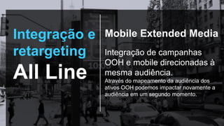 Integração e
retargeting
All Line
Mobile Extended Media
Integração de campanhas
OOH e mobile direcionadas à
mesma audiência.
Através do mapeamento da audiência dos
ativos OOH podemos impactar novamente a
audiência em um segundo momento.
 