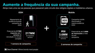 Aumente a frequência da sua campanha.
Atinja mais uma vez as pessoas que passaram pelo circuito dos relógios digitais e mobiliários urbanos.
Mapeamento da
audiência durante
campanha de
OOH
Potencial de 217MM
impactos em 1
semana de
veiculação no circuito
completo
Potencial de até 3.6MM
de impressões a mais
na sua
campanha
Até
3.6MM
de impressões
/semana
217MM
de impactos/
semana
Campanha mobile
direcionada à
mesma audiência
OOH
+
1 semana de campanha 2 semanas de campanha
OOH Mobile
 