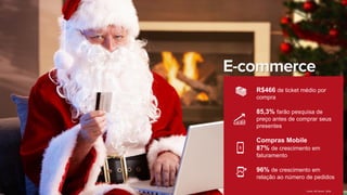 R$466 de ticket médio por
compra
85,3% farão pesquisa de
preço antes de comprar seus
presentes
Compras Mobile
87% de crescimento em
faturamento
96% de crescimento em
relação ao número de pedidos
Fonte: SPC Brasil - 2016
 