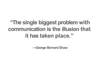 “The single biggest problem with
communication is the illusion that
it has taken place.”
—George Bernard Shaw
 
