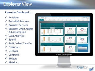 ClearCost Explorer
Explorer View
Executive Dashboard…
 Activities
 Technical Services
 Business Services
 Business Unit Charges
& Consumption
 Data Analytics
 Spend
 Staff / What They Do
 Financials
 Lifecycle
 Contracts
 Budget
 Metrics
 