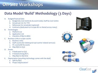 On-Site Workshops
Data Model ‘Build’ Methodology (3 Days)
A. Budget/Financial data
a. Budget (by Cost Centre & Account Code), Staff by Cost Centre
b. Actuals per G/L for YTD
c. Reforecast for remainder (optional)
d. Contracts (dedicated to in scope BU or shared across many)
B. Technologies
a. Platform List
b. Application List
c. Checklist of B(a) to B(b)
C. Business Units in scope counts
a. Business Units
b. Staff counts (for desktop & road warrior related services)
c. PC counts/AD Accounts
d. Map B(b) to C(a)
D. Assets
a. If dedicated to C(a)
b. If shared among BU’s
c. Map B(a) to D(a & b)
E. Depreciation (assuming technology comes with the deal)
a. Split by B(a)
b. Project depreciation?
 