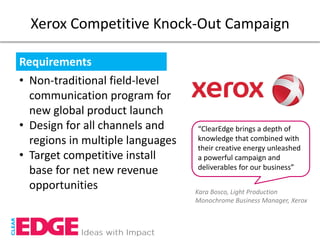 Xerox Competitive Knock-Out Campaign

Requirements
• Non-traditional field-level
  communication program for
  new global product launch
• Design for all channels and     “ClearEdge brings a depth of
  regions in multiple languages   knowledge that combined with
                                  their creative energy unleashed
• Target competitive install      a powerful campaign and
                                  deliverables for our business”
  base for net new revenue
  opportunities                   Kara Bosco, Light Production
                                  Monochrome Business Manager, Xerox
 