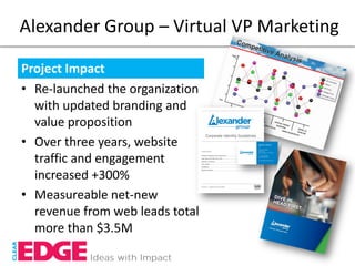 Alexander Group – Virtual VP Marketing

Project Impact
• Re-launched the organization
  with updated branding and
  value proposition
• Over three years, website
  traffic and engagement
  increased +300%
• Measureable net-new
  revenue from web leads total
  more than $3.5M
 