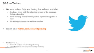 Q&A on Twitter
• We want to hear from you during this webinar and after
 Send us a tweet with the following in front of the message:
@clearedgemktg
 It will show up on our Twitter profile, open for the public to
view
 We will reply during the webinar or after
• Follow us at twitter.com/clearedgemktg
• Also follow us on…
 Facebook: facebook.com/ClearEdgeMarketing
 LinkedIn: linkedin.com/company/clearedge-marketing
3
 