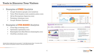 Tools to Discover Your Visitors
• Examples of FREE Analytics
 Google Analytics (google.com/analytics)
 Yahoo Web Analyti...