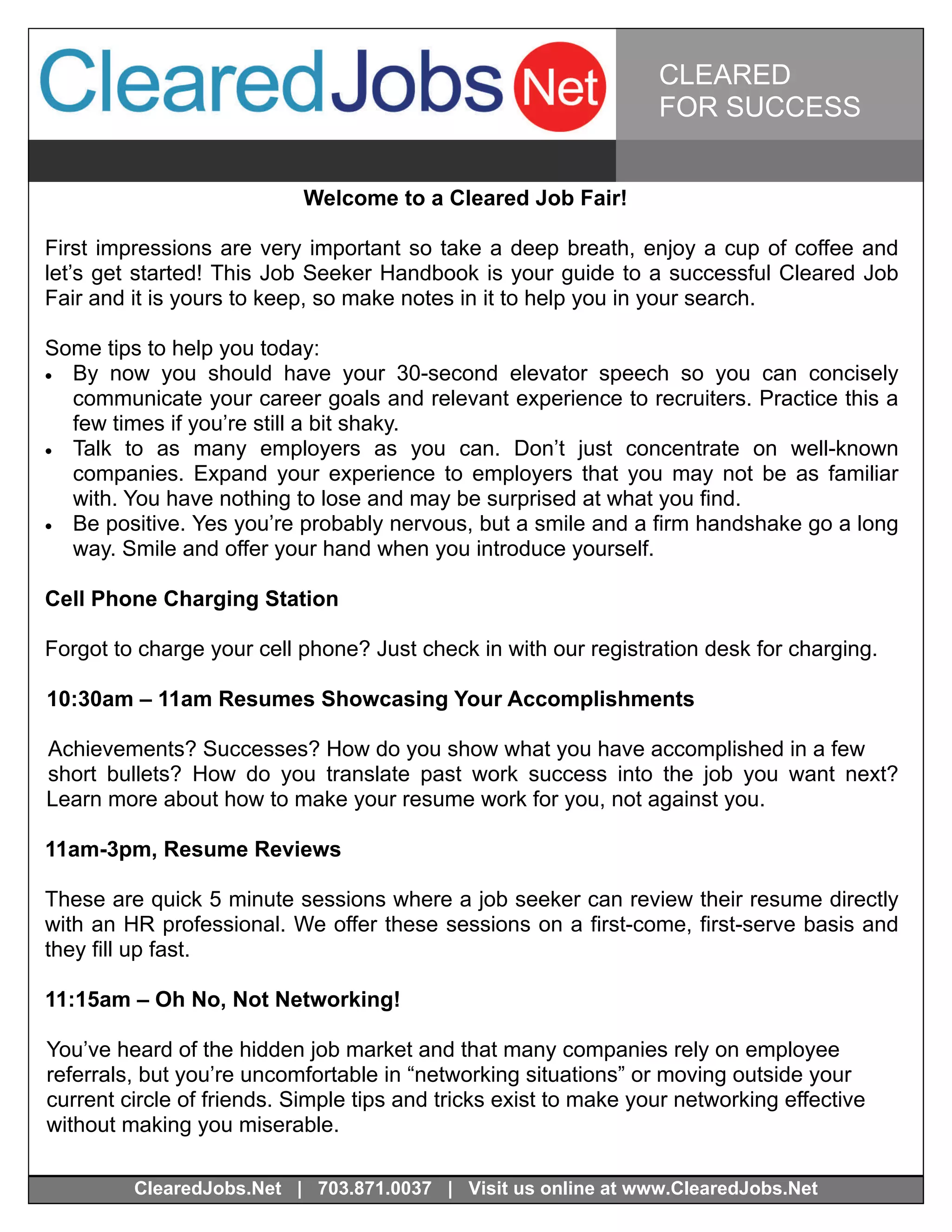 Cleared Job Fair Job Seeker Handbook May 8, 2013, Crystal City, Va